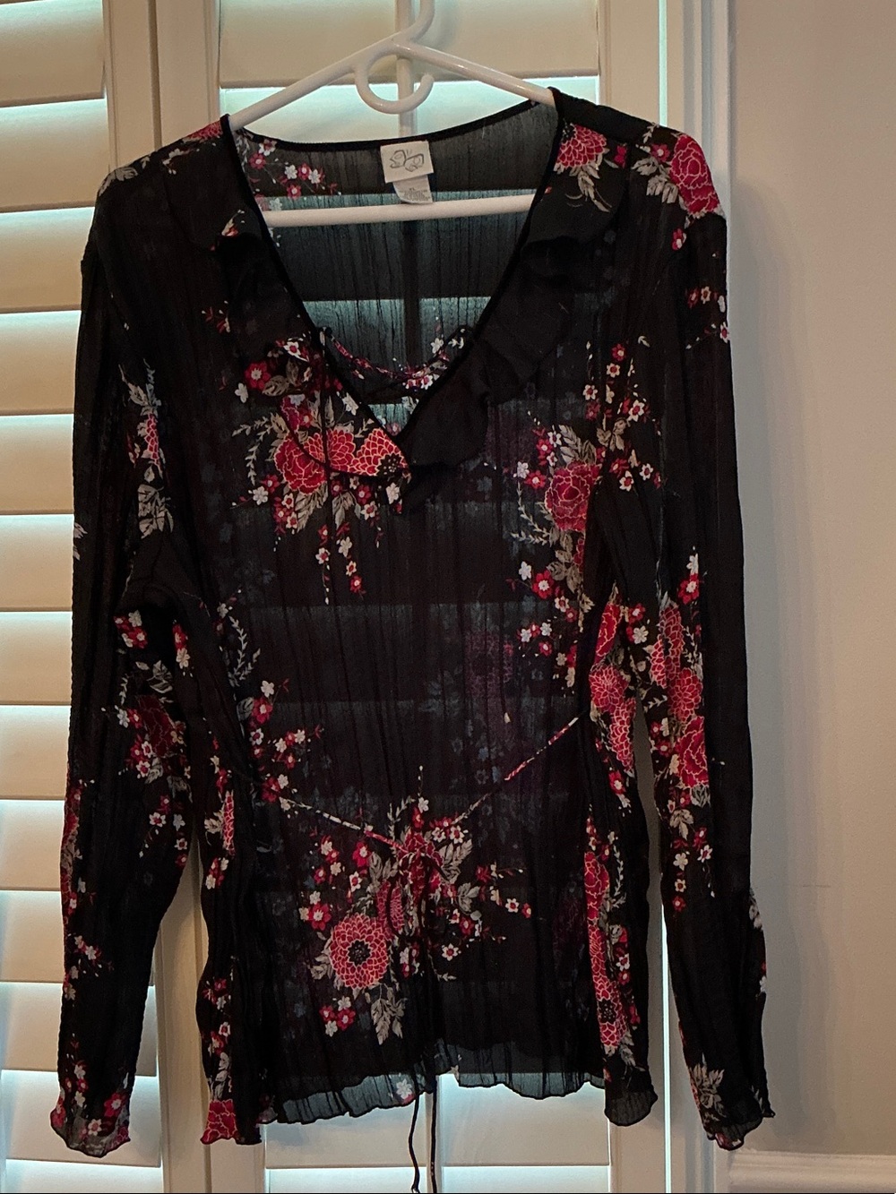 Black Floral Sheer Blouse with Pink Red Blooms